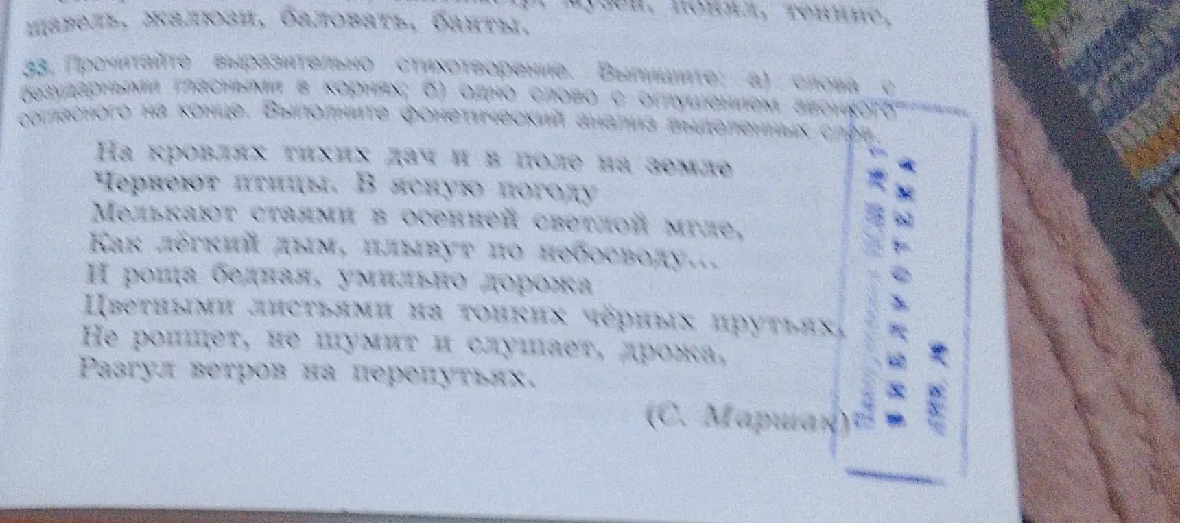 Выпиши слова с безударными гласными в корнях и одно слово с оглушением звонкого согласного на конце из стихотворения.