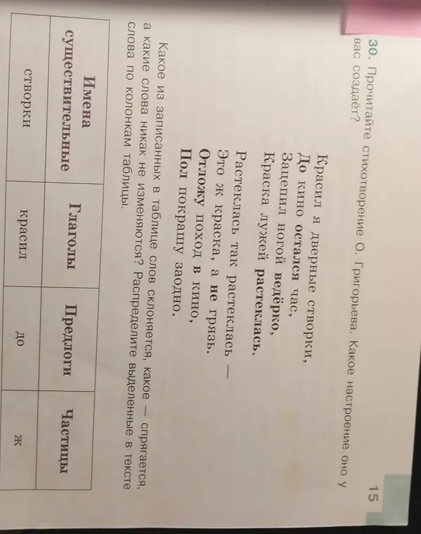Какие слова из стихотворения распределяются по колонкам таблицы?
