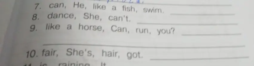 Переставь слова, чтобы получилось предложение: can, He, like a fish, swim.