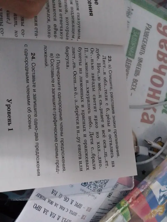 Ты просишь списать, расставив знаки препинания в задании 23 а, подчеркнуть однородные члены и составить графические схемы предложений в 23 б и 23 в, а также составить и записать два предложения с однородными членами об осени в 24.