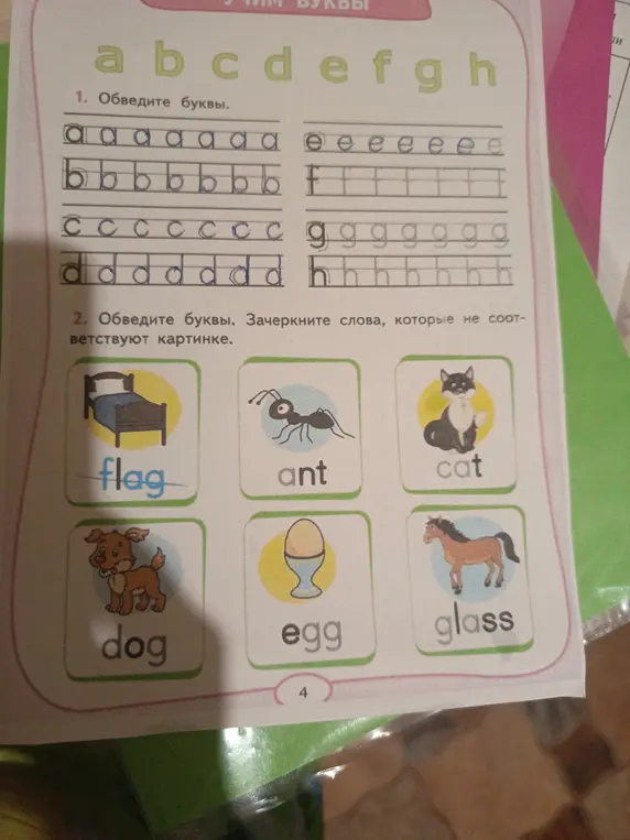 Ты просишь обвести буквы и зачеркнуть слова, которые не соответствуют картинкам.