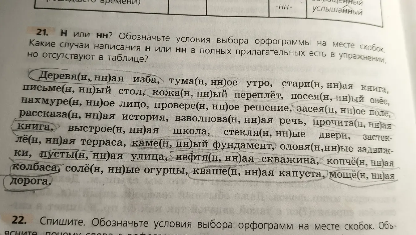 Определи написание Н или НН в словах: Деревя(н, нн)ая изба, тума(н, нн)ое утро, стари (н, нн)ая книга и других