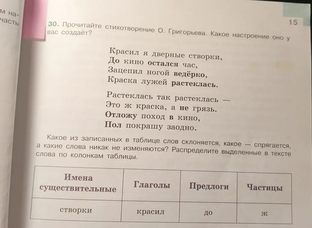 Разбери выделенные в тексте слова по колонкам таблицы: имена существительные, глаголы, предлоги, частицы