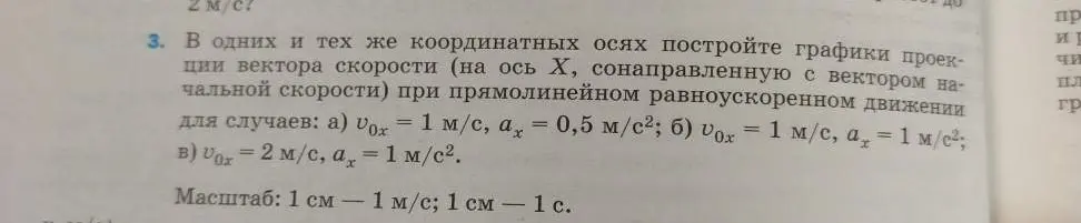 Можешь ли ты построить графики проекции вектора скорости при прямолинейном равноускоренном движении для случаев: а) $v_{0x}$ = 1 м/с, $a_x$ = 0,5 м/с²?