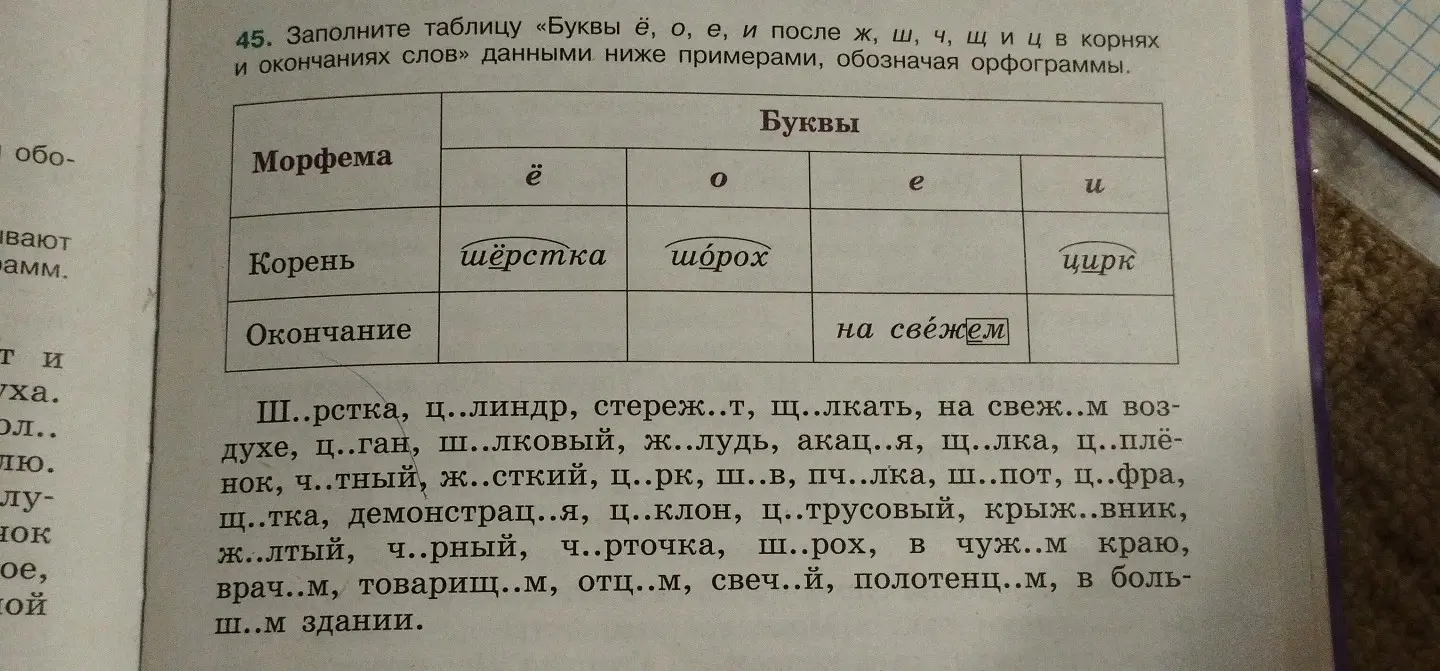 Заполни таблицу «Буквы ё, о, е, и после ж, ш, ч, щиц в корнях и окончаниях слов» данными примерами, обозначая орфограммы.