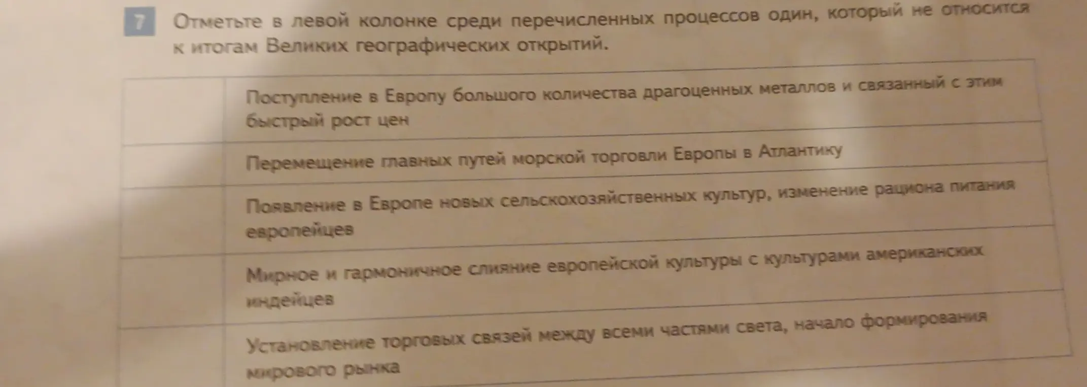 Можешь ли ты отметить в левой колонке среди перечисленных процессов один, который не относится к итогам Великих географических открытий?