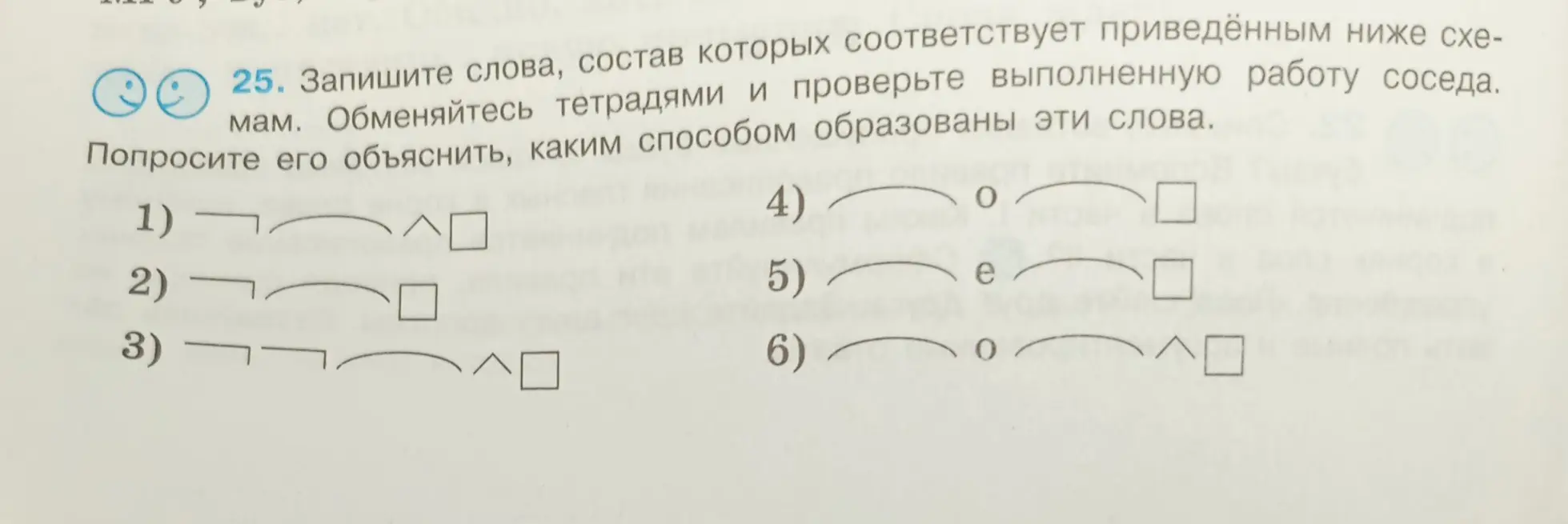 Составь слова, состав которых соответствует приведённым ниже схемам в упражнении 25 под цифрой 1