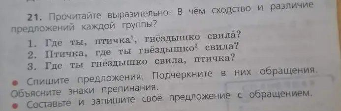 Определи сходство и различие предложений каждой группы, в которых есть обращение 'птичка'