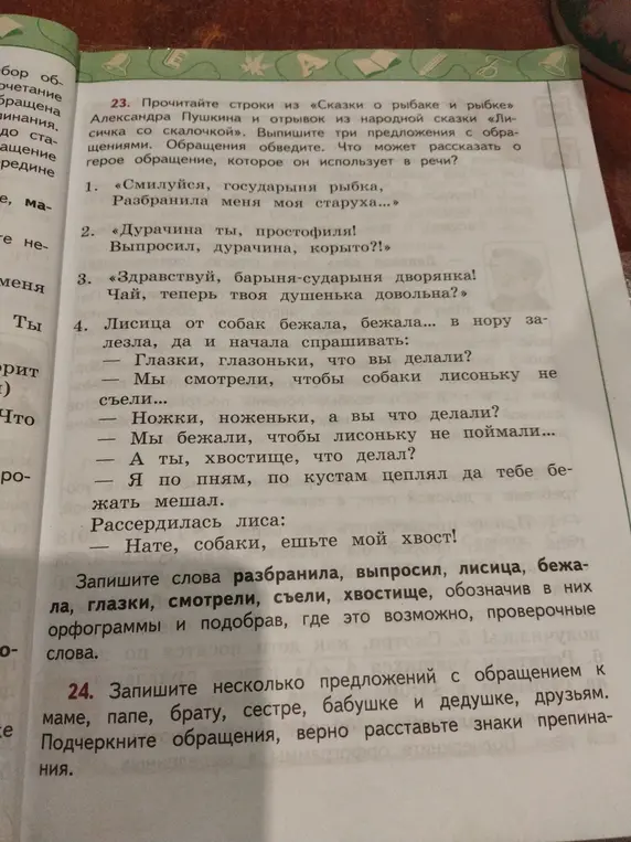 Выпиши три предложения с обращениями из сказки о рыбаке и рыбке и отрывка из народной сказки Лисичка со скалочкой. Запиши несколько предложений с обращением к маме, папе, брату, сестре, бабушке и дедушке, друзьям.