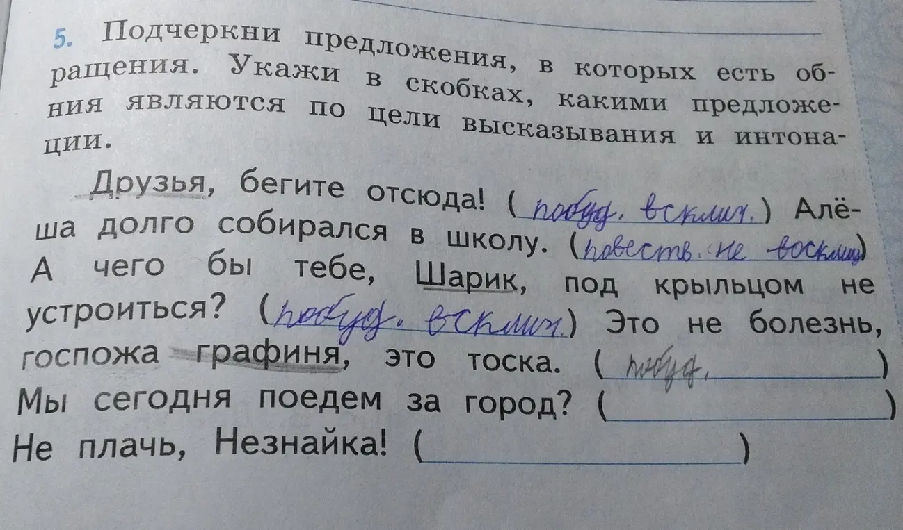 Подчеркни предложения, в которых есть обращения и укажи в скобках, какими предложения являются по цели высказывания и интонации в предложении 'Мы сегодня поедем за город?'