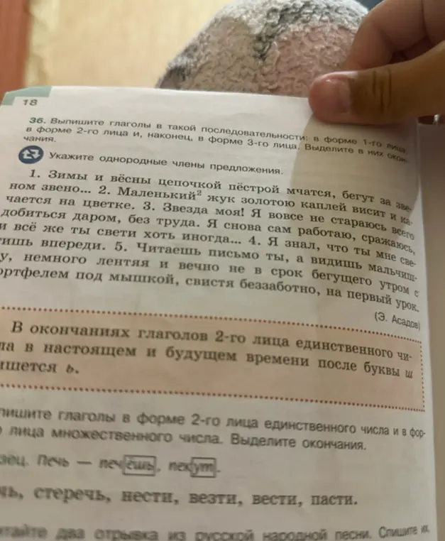 Выполни задание 36: выпиши глаголы в такой последовательности: в форме 1-го лица, в форме 2-го лица и, наконец, в форме 3-го лица и задание 37: укажи однородные члены предложения.