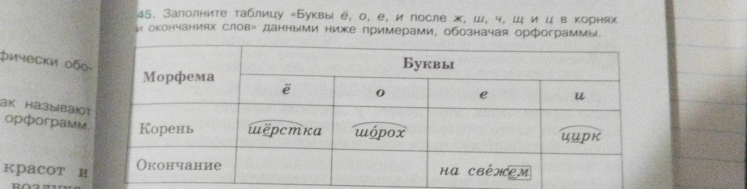 Заполни таблицу «Буквы ё, о, е, и после ж, ш, ч, щиц в корнях и окончаниях слов»