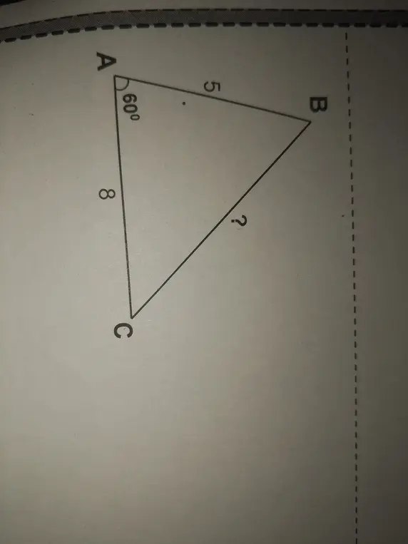 Как найти сторону AC в треугольнике ABC, если известны стороны AB=5, BC=8 и угол A=60 градусов?