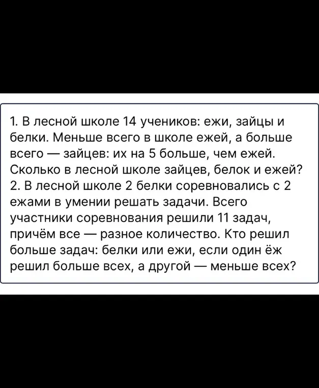 Реши задачу: 1. В лесной школе 14 учеников: ежи, зайцы и белки. Меньше всего в школе ежей, а больше всего — зайцев: их на 5 больше, чем ежей. Сколько в лесной школе зайцев, белок и ежей?