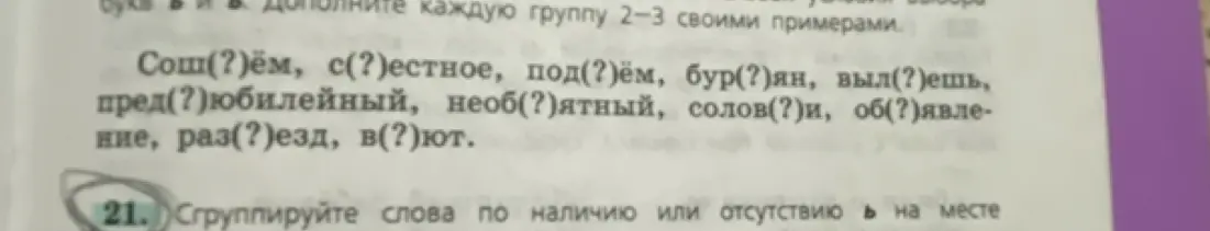 Сгруппируй слова по наличию или отсутствию Ь на месте пропуска