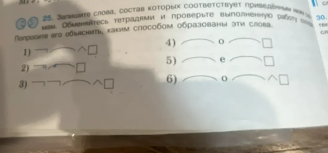Запиши слова, состав которых соответствует приведённым ниже схемам в задании под номером 25