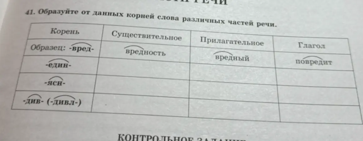 Образуй от данных корней -един-, -ясн-, -див- слова различных частей речи
