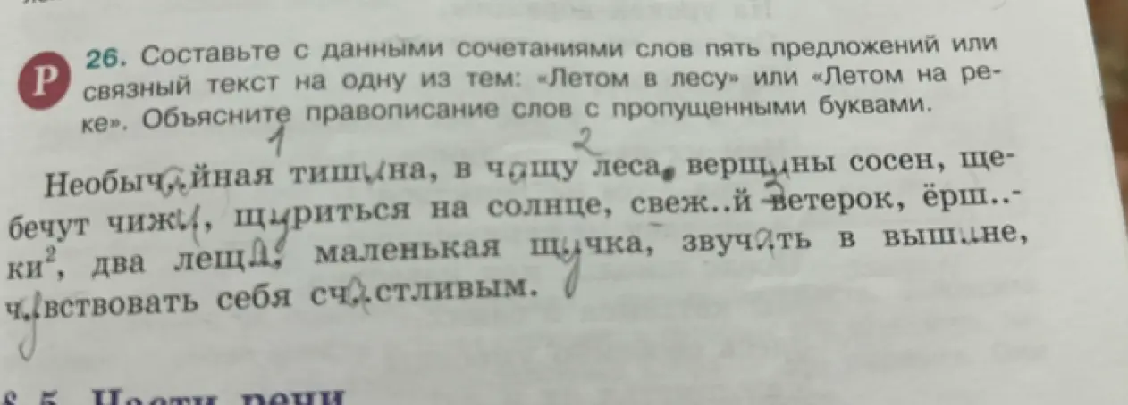 Помоги составить пять предложений или связный текст на тему «Летом в лесу» или «Летом на реке». Объясни правописание слов с пропущенными буквами (Необыч..йная тишина, в чащ.. леса, верш..ны сосен, ще- бечут чижи, щ..риться на солнце, свеж..й ветерок, ёрш..- ки, два леща, маленькая щ..чка, звуч..ть в вышине, ч..вствовать себя счастливым).