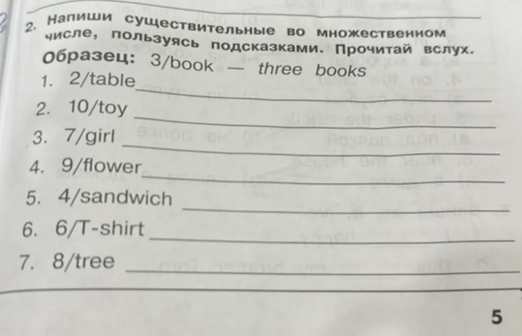 Помоги написать существительные во множественном числе, пользуясь подсказками (2 table).