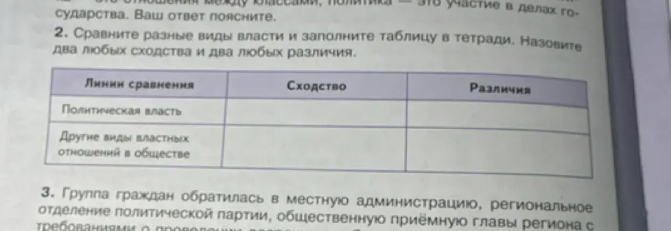 Помоги сравнить разные виды власти и заполнить таблицу в тетради, назвав два любых сходства и два любых различия