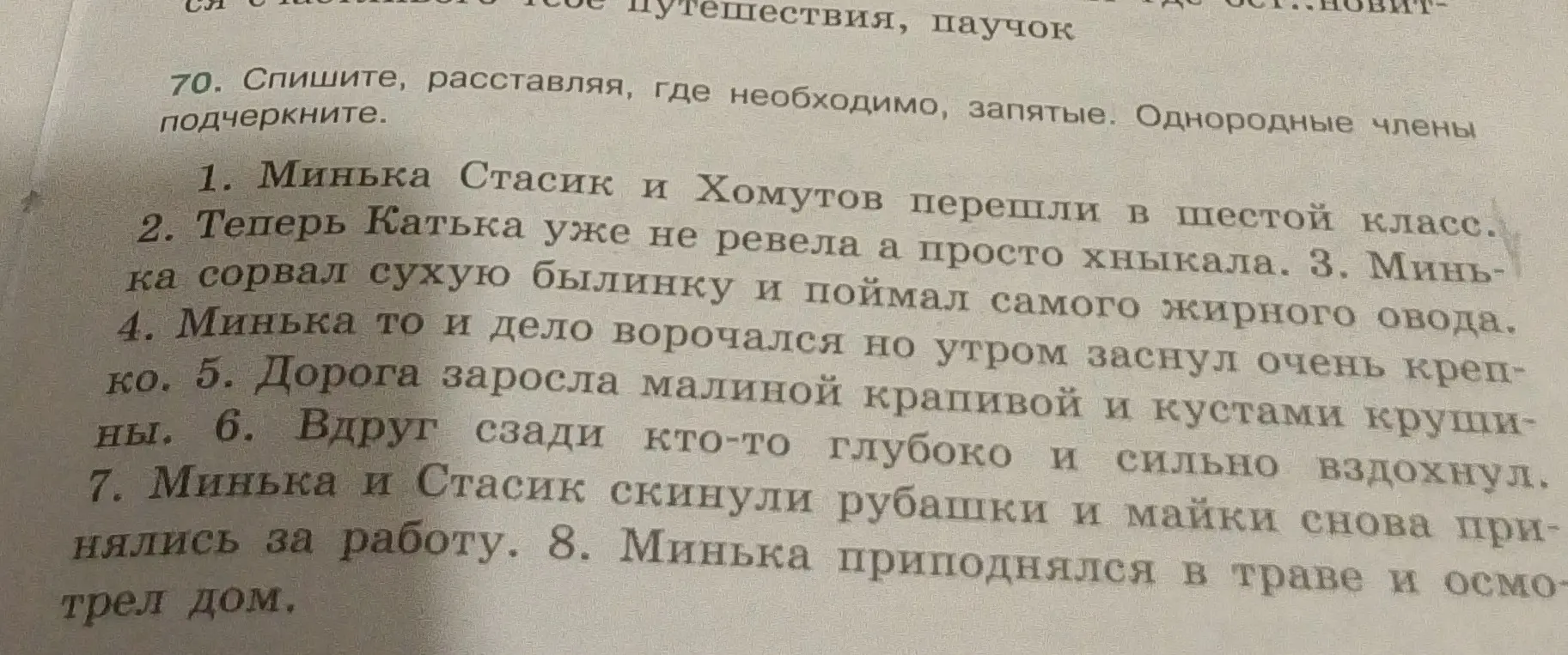 Выполни задание: спиши текст, расставляя, где необходимо, запятые и подчеркни однородные члены предложения в упражнении 1