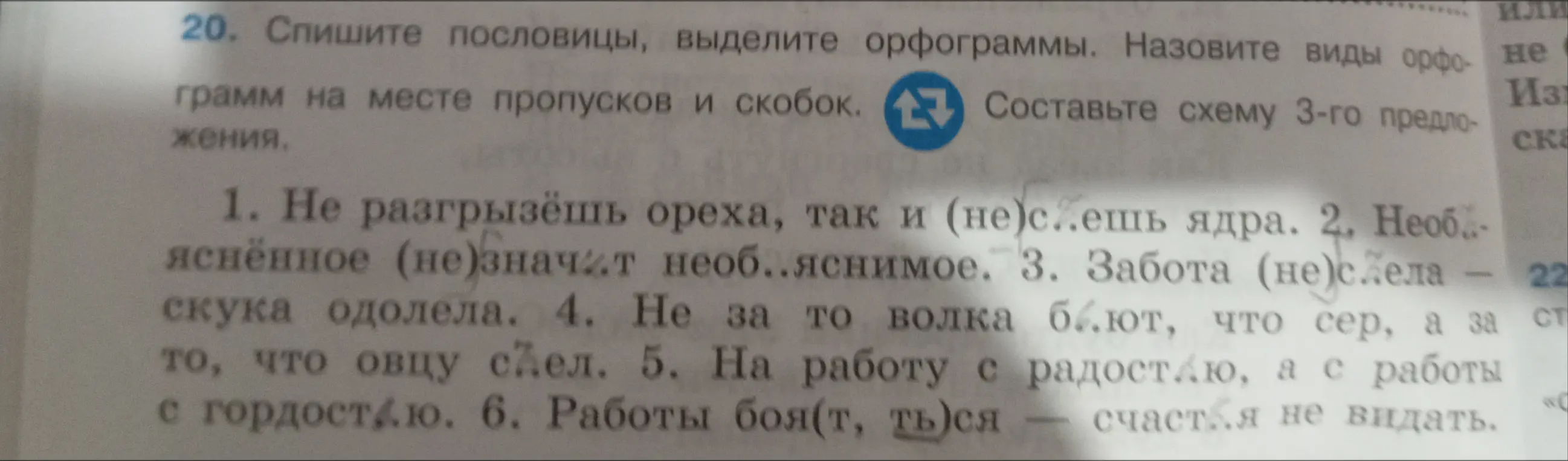 Спиши пословицы, выдели орфограммы и составь схему 3-го предложения.