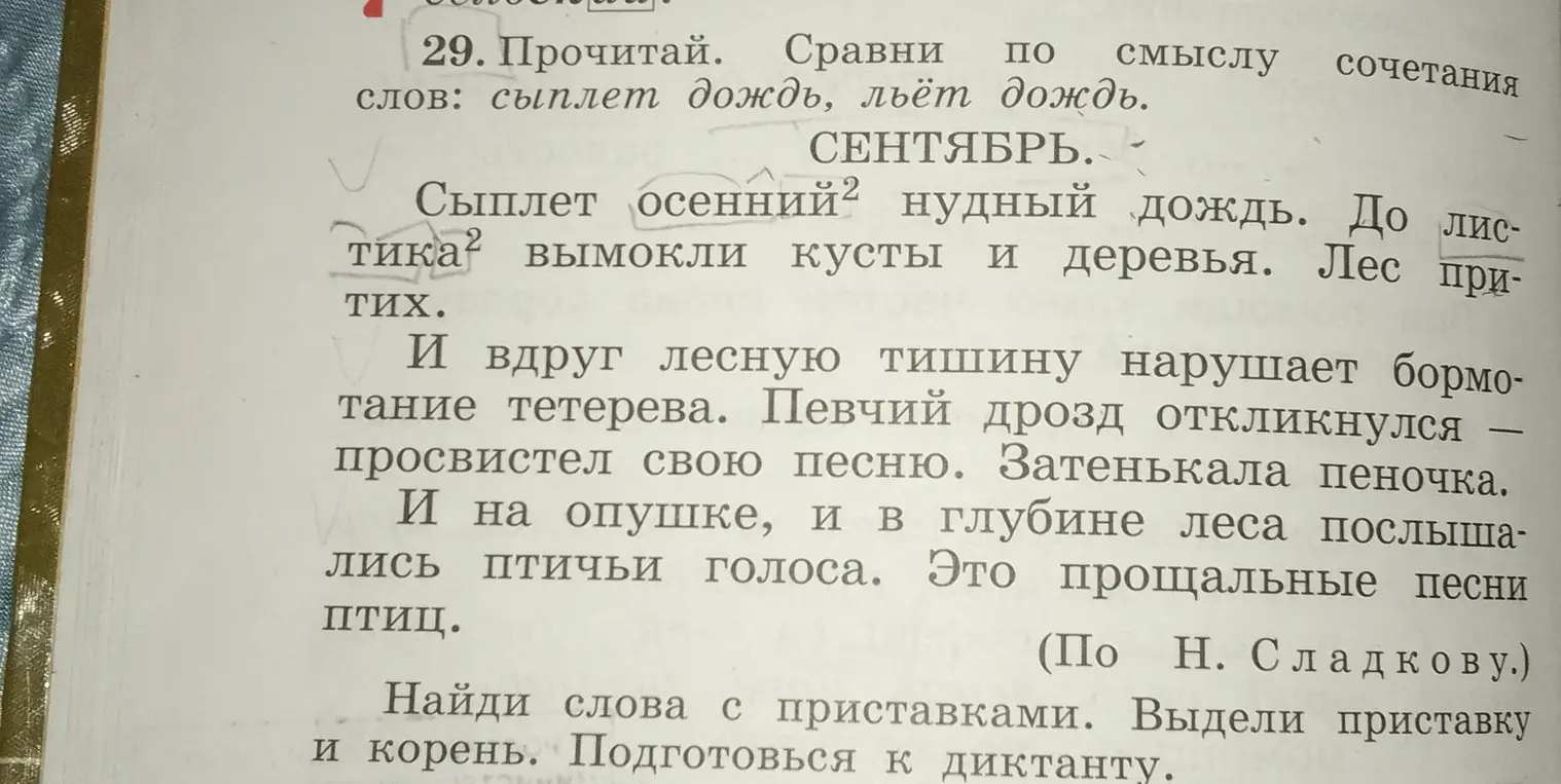 Найди слова с приставками в тексте и выдели приставку и корень.