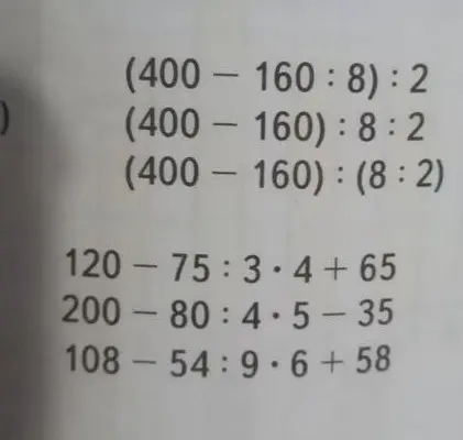 Ты просишь решить примеры: (400-160:8): 2, (400-160):8:2, (400-160): (8:2), 120-75:3*4+65, 200-80:4.5-35, 108-54:9.6+58