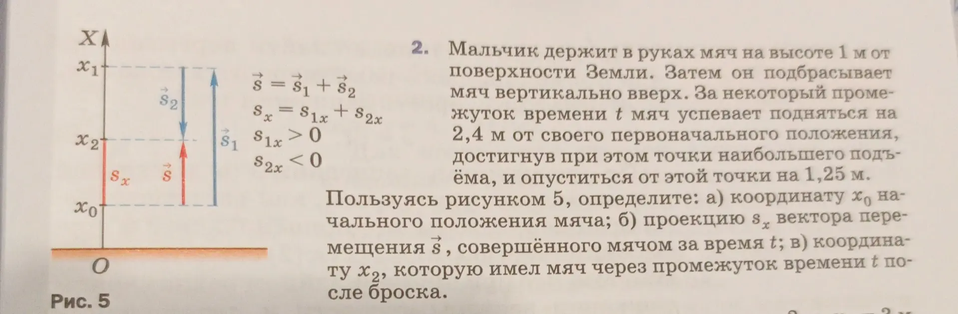 Определи координату начального положения мяча, проекцию вектора перемещения и координату мяча через промежуток времени после броска.