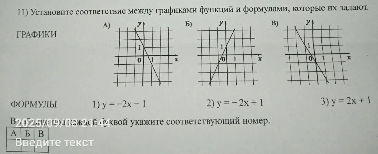 Помоги установить соответствие между графиками функций и формулами, которые их задают