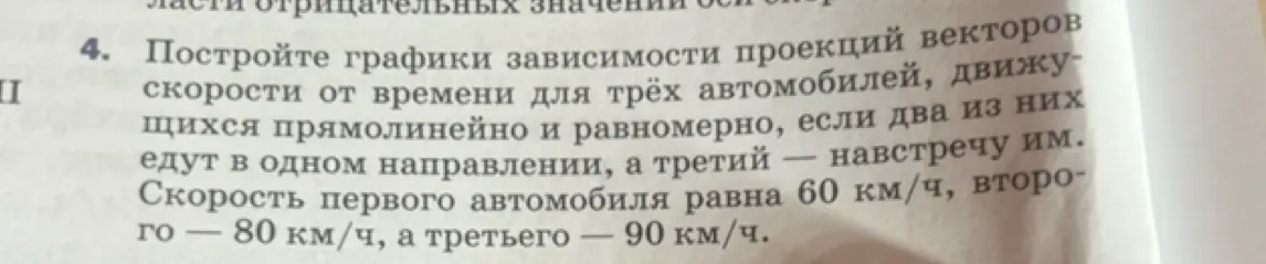 Построй графики зависимости проекций векторов скорости от времени для трёх автомобилей, движущихся прямолинейно и равномерно, если два из них едут в одном направлении, а третий — навстречу им