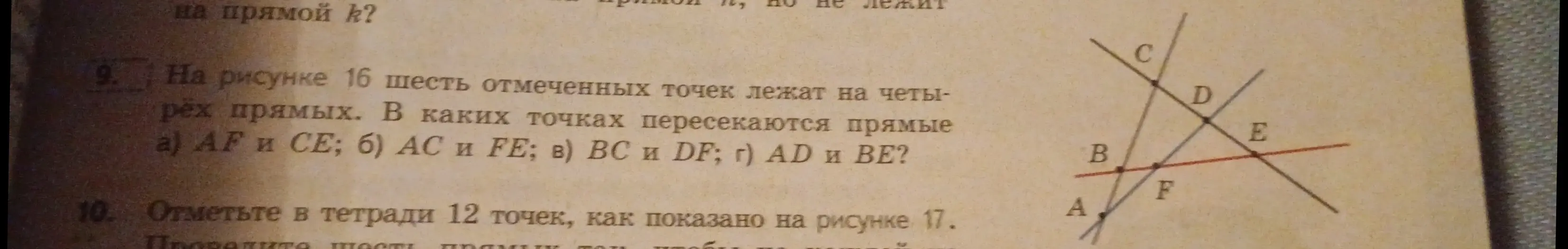 Определи, в каких точках пересекаются прямые AF и СЕ