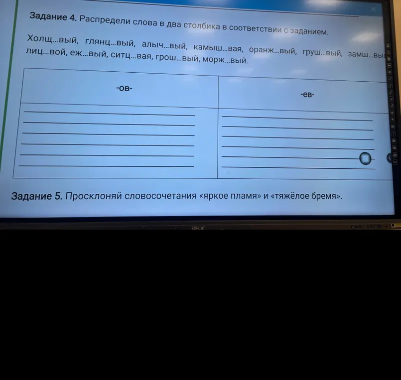 Распредели слова в два столбика в соответствии с заданием. Просклоняй словосочетания «яркое пламя» и «тяжёлое бремя».