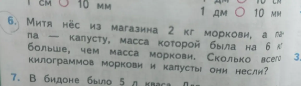 Реши задачу: Митя нёс из магазина 2 кг моркови, а капусты, масса которой была на 6 кг больше, чем масса моркови. Сколько всего килограммов моркови и капусты они несли?