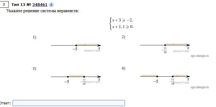 Укажи решение системы неравенств: x+3≥-2, x+1,1≥ 0.