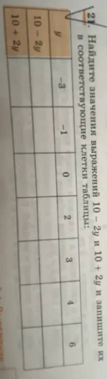 Найди значения выражений 10 – 2у и 10 + 2у и запиши их в соответствующие клетки таблицы