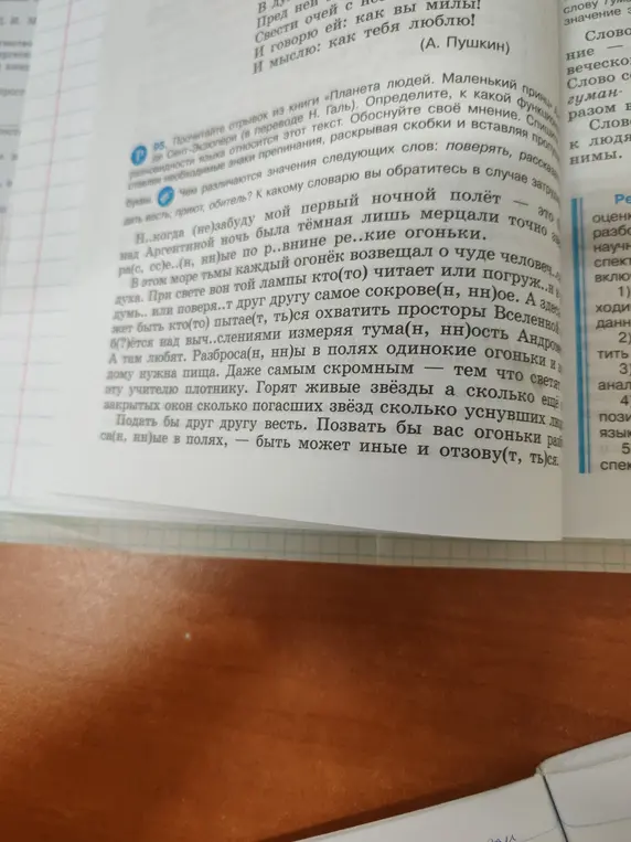 Помоги с упражнением 95: определи, к какой функциональной разновидности языка относится текст; вставь буквы и раскрой скобки.