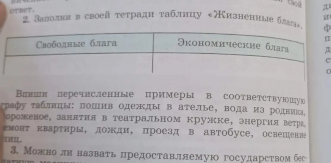 Заполни в своей тетради таблицу «Жизненные блага»