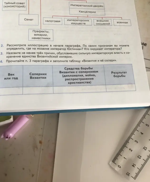 Объясни, по каким признакам я могу определить императора Юстиниана на мозаике? Назови причины, обусловившие сильную императорскую власть и как заполнить таблицу «Византия и её соседи».