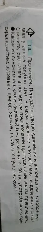 Помоги ответить на вопросы по русскому языку: какое чувство вызвал у автора голубой цвет, в каком значении употреблено выделенное слово, расставь знаки препинания, какой из синонимов к слову кудрявый не употребляется при характеристике?