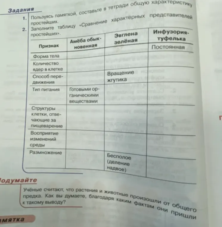 Заполни таблицу «Сравнение характерных представителей простейших»