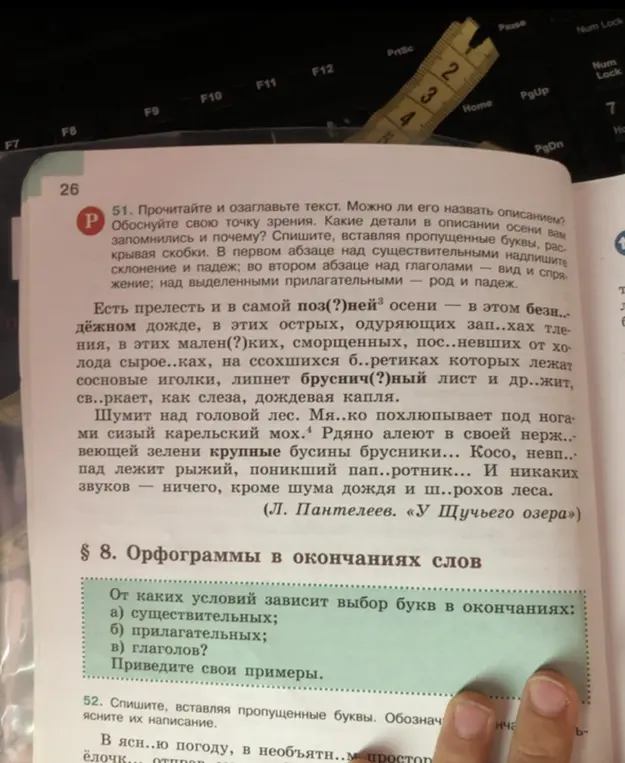 Выполни задание: вставь пропущенные буквы, раскрой скобки. В первом абзаце над существительными надпиши склонение и падеж; во втором абзаце над глаголами – вид и спряжение; над выделенными прилагательными – род и падеж.