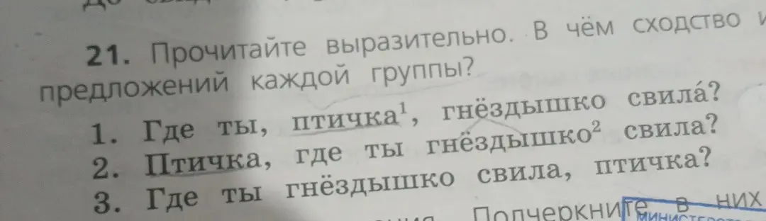 Скажи, в чём сходство предложений: "Где ты, птичка, гнёздышко свила?", "Птичка, где ты гнёздышко свила?", "Где ты гнёздышко свила, птичка?"