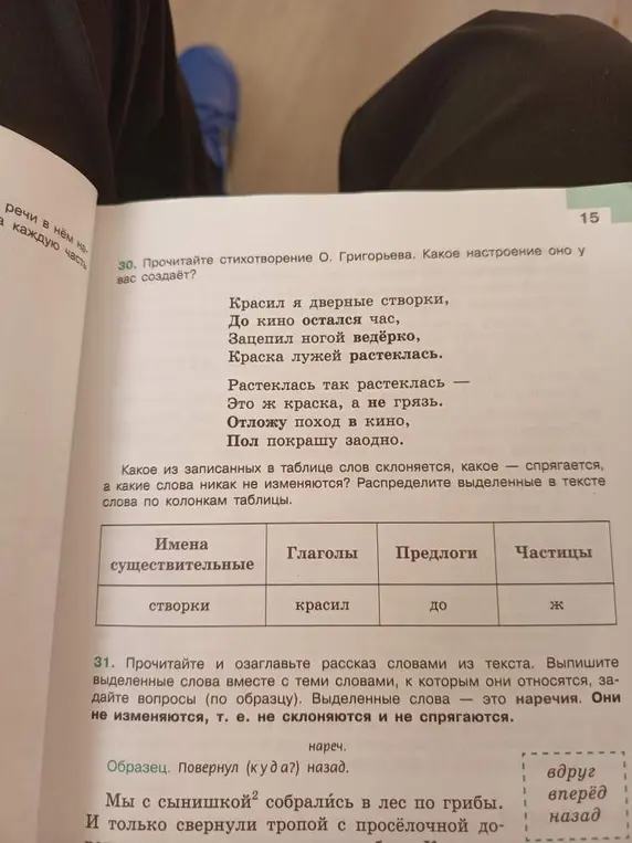 Распредели выделенные в тексте слова по колонкам таблицы и выпиши выделенные слова вместе с теми словами, к которым они относятся, задай вопросы.