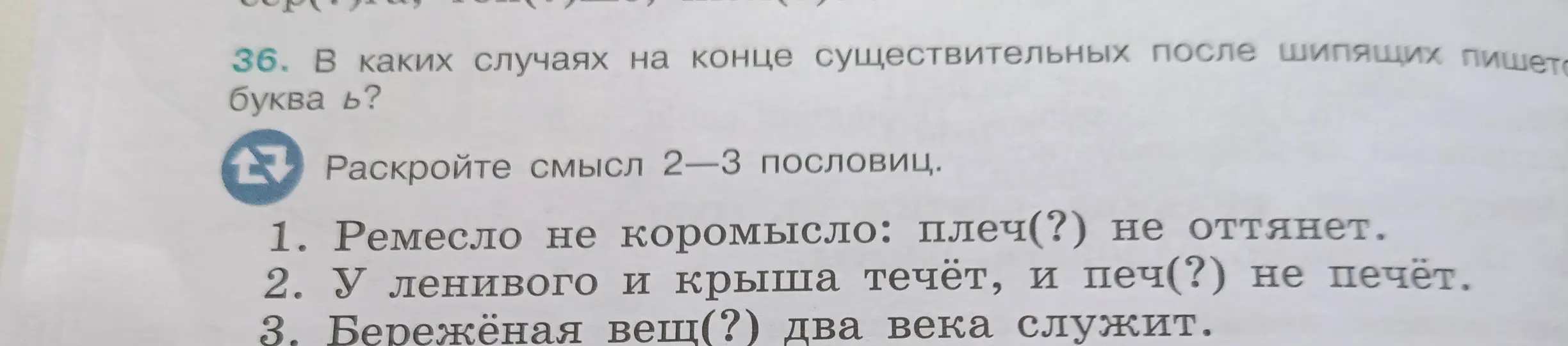 Объясни, в каких случаях на конце существительных после шипящих пишется буква ь и раскрой смысл пословиц.