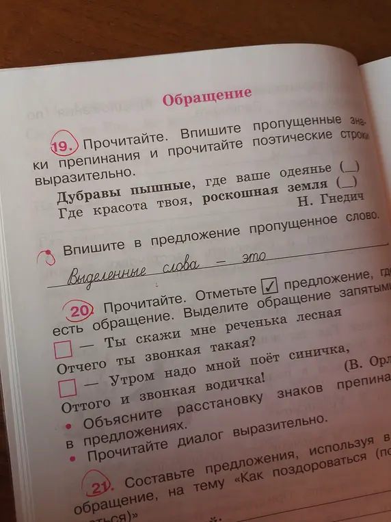 Помоги с упражнениями по русскому языку на тему обращения: в упражнении 19 вставь пропущенные знаки препинания, в упражнении 20 отметь предложение, где есть обращение, в упражнении 21 составь предложение, используя обращение.