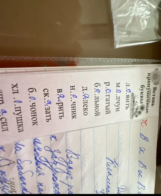 Мне нужно вставить пропущенные буквы в словах: л.о.вить, м.о.лчун, р.о.гатый, б...льной и т.д.