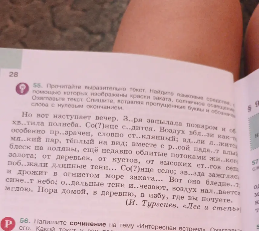 Ты просишь меня прочитать выразительно текст, найти языковые средства, с помощью которых изображены краски заката, солнечное освещение, озаглавить текст, списать, вставляя пропущенные буквы и обозначая слова с нулевым окончанием.