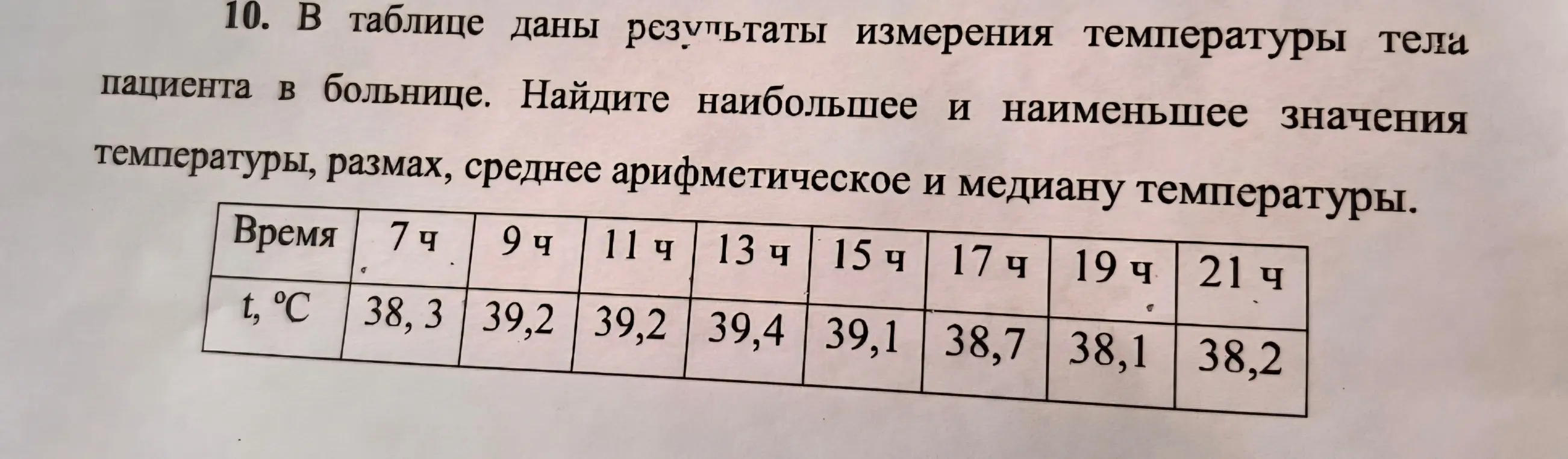 Помоги найти наибольшее и наименьшее значения температуры, размах, среднее арифметическое и медиану температуры.