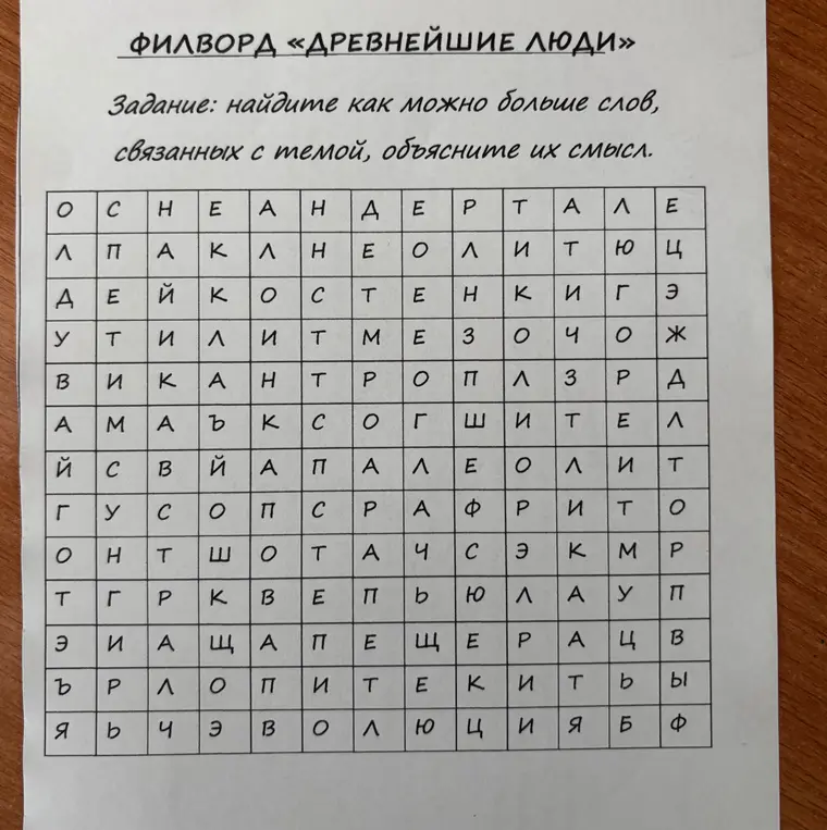 Ты просишь меня найти как можно больше слов, связанных с темой "Древнейшие люди", и объяснить их смысл.